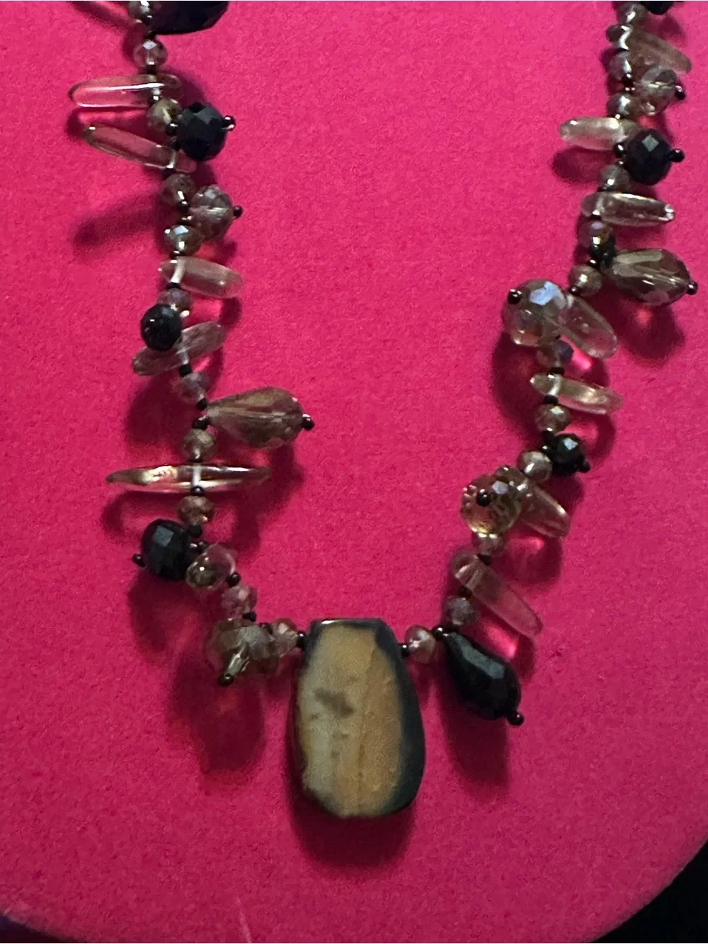 Beaded Agate Pendant Necklace in Smoky Brown and Gold
